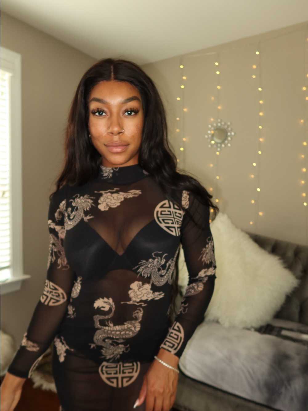 Fashion Nova Black Sheer Dragon-Print Mini Dress with Beige Accents - Picture 2 of 3